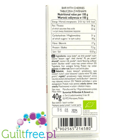 Raw Cocoa Bar Cherries - wegańska alternatywa białej czekolady z miękkimi wiśniami, 60% mniej cukru