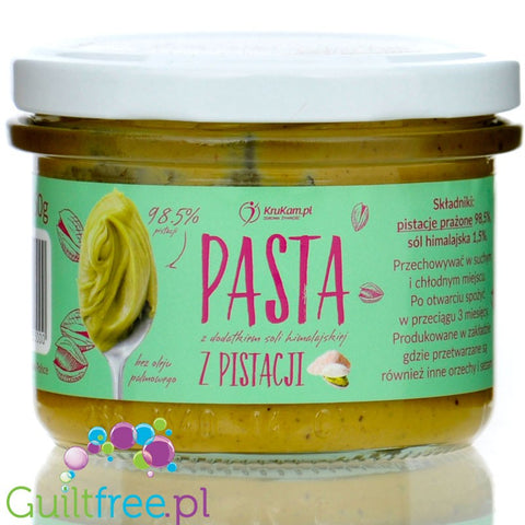 Krukam pasta pistacjowa z solą himalajską, 98,5% miazga z prażonych pistacji, krem pistacjowy bez cukru