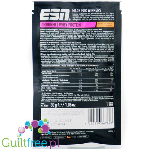 ESN Designer Whey Milky Hazelnut 30g - odżywka białkowa  WPI, WPH & WPC, smak Mleczna Czekolada & Orzech Laskowy