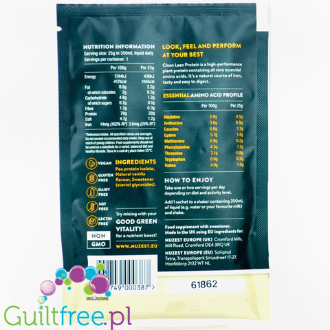 Nuzest Clean Lean Protein Smooth Vanilla 25g - pea protein isolate, 20g protein, sachet