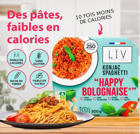 Liv Happy Food Konjac Spaghetti Bolognese - dinner 235kcal, konjac pasta in tomato sauce with parmesan cheese