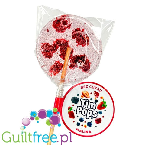 TimPops Raspberry 4cm - natural sugar-free lollipop with fruit pieces, 39kcal