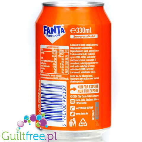 Fanta Orange Zero Sugar 330ml w puszce, 4% soku z owoców