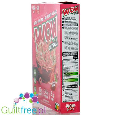 WOW Cereals Yummy Strawberry Rings - wegańskie proteinowe płatki śniadaniowe bez cukru o smaku Truskawkowym
