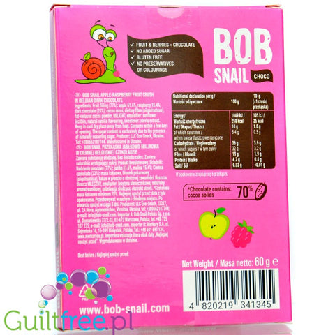 Bob Snail Choco Apple Raspberry Crush 60g - raspberry and apple snack in dark chocolate with stevia