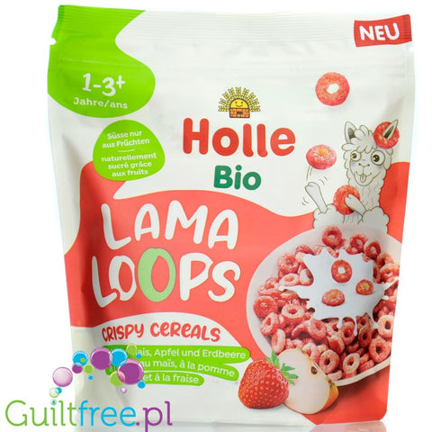 Holle Bio Lama Loops Crispy Cereals - kółeczka zbożowe jabłkowo-truskawkowe bez dodatku cukru i słodzików