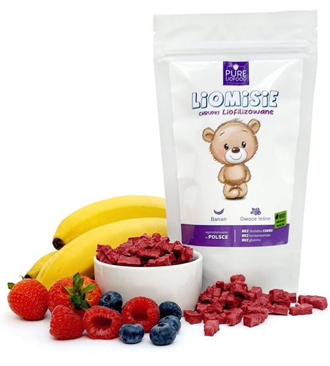 Pure Liofood Liomisie Owoce Leśne - chrupki liofilizowane z banana i owoców leśnych w kształcie misiów  - 100% owoców