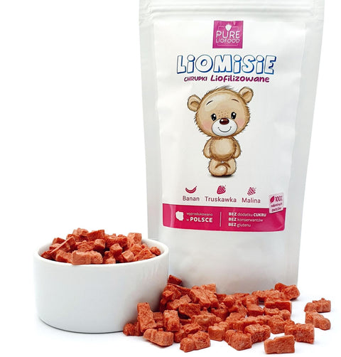 Pure Liofood Liomisie Malina & Truskawka - chrupki liofilizowane z banana, truskawki i maliny w kształcie misiów