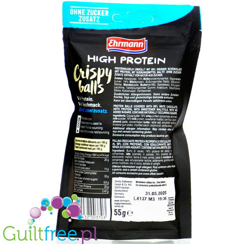 Ehrmann Protein Crispy Weisser Schokolade Balls - chrupkie kuleczki w polewie białkowej z białej czekolady