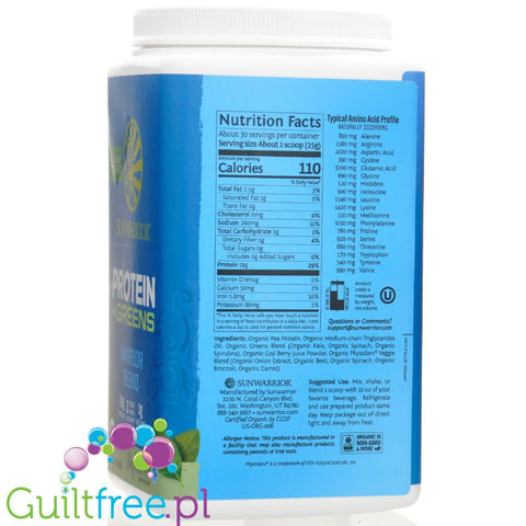 Sunwarrior Protein + Greens Warrior Blend, Natural 0,75kg - wegańska organiczna odżywka białkowa z ekstraktami roślinnymi i MCT