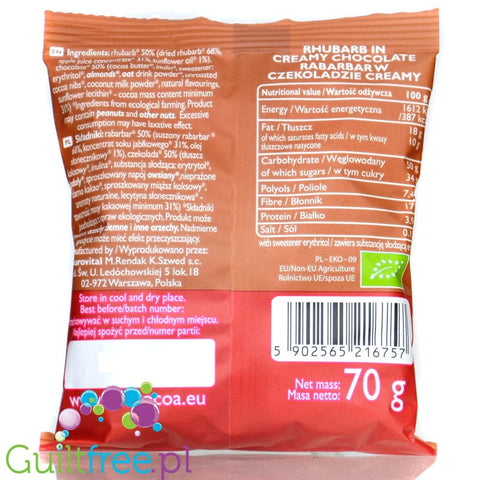 RAW COCOA Rhubarb in Creamy Chocolate - rabarbar w wegańskiej nie-mlecznej czekoladzie bez cukru i oleju palmowego