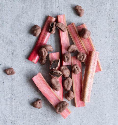 RAW COCOA Rhubarb in Creamy Chocolate - rabarbar w wegańskiej nie-mlecznej czekoladzie bez cukru i oleju palmowego
