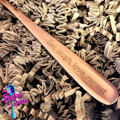 Funky Spoon engraved spoon with affirmation, Rose Gold 17cm, Eat, Love, Laugh, Repeat