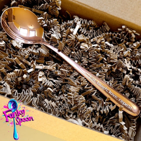 Funky Spoon engraved spoon with affirmation, Rose Gold 17cm, Eat, Love, Laugh, Repeat