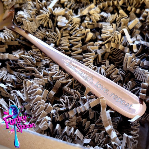 Funky Spoon engraved spoon with affirmation, Rose Gold 17cm, Eat, Love, Laugh, Repeat