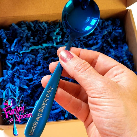 Funky Spoon engraved spoon with affirmation, Cobalt 17cm, Joy is licking the Spoon