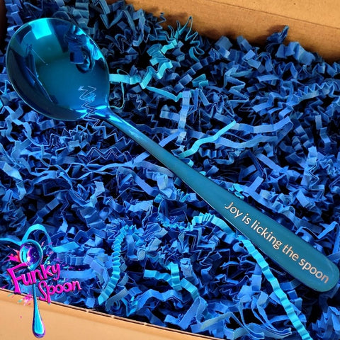 Funky Spoon engraved spoon with affirmation, Cobalt 17cm, Joy is licking the Spoon