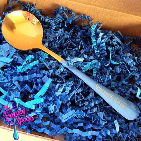 Funky Spoon engraved spoon with affirmation, Gold & Blue, 17cm, Spoonful of Love