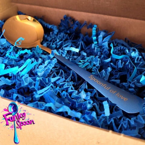 Funky Spoon grawerowana łyżka z afirmacją, Złoto & Błękit, 17cm, Spoonful of Love