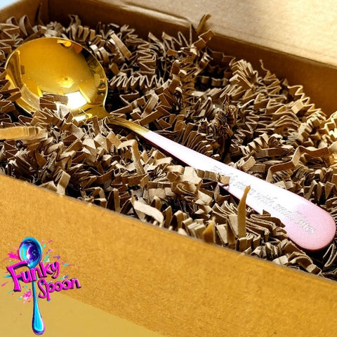 Funky Spoon grawerowana łyżka z afirmacją, Złoto & Róż, 17cm, Health starts with small Bites