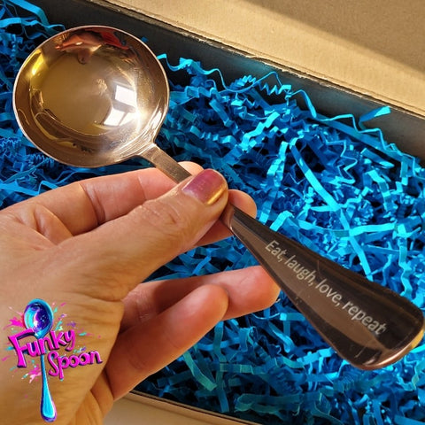 Funky Spoon engraved spoon with affirmation, Rose Gold 19cm, Eat, Love, Laugh, Repeat