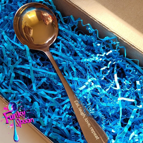 Funky Spoon engraved spoon with affirmation, Rose Gold 19cm, Eat, Love, Laugh, Repeat