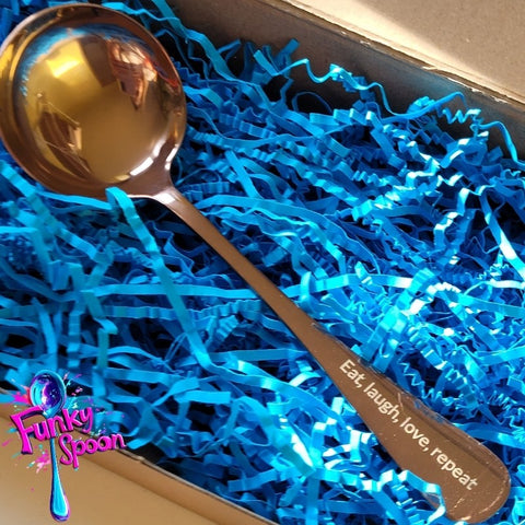 Funky Spoon engraved spoon with affirmation, Rose Gold 19cm, Eat, Love, Laugh, Repeat