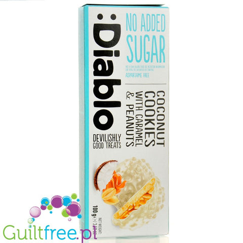 Diablo Coconut Cookies, Caramel & Peanuts - coconut cookies in white glaze with no added sugar