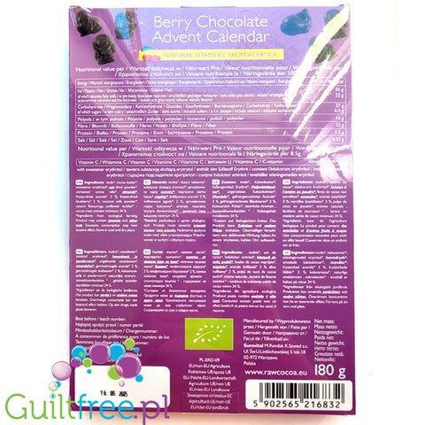 RAW COCOA Berry Chocolate Advent Calendar - wegański kalendarz adwentowy z jagodowej czekolady bez cukru