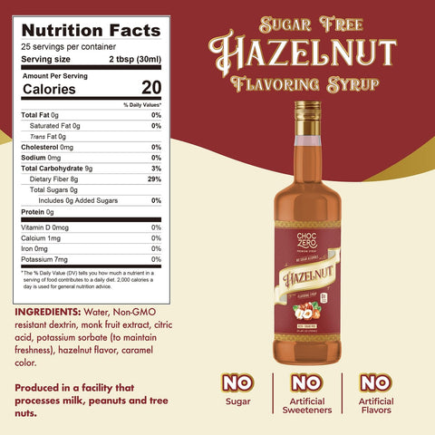 Choc Zero Coffee Syrup, Hazelnut - sugar and sucralose free coffee syrup with fiber