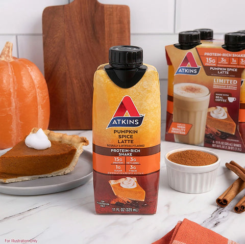 Atkins RTD Protein Shake, Pumpkin Spice Latte - gotowy koktajl proteinowy z witaminami i kawą, edycja limitowana