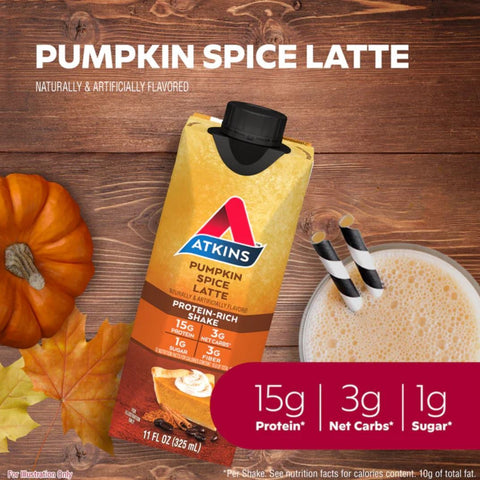 Atkins RTD Protein Shake, Pumpkin Spice Latte - gotowy koktajl proteinowy z witaminami i kawą, edycja limitowana