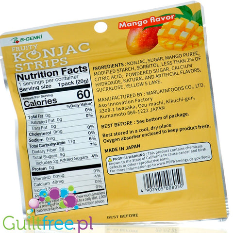 Marukin Fruity Konjac Strips, Miracle Gummy Mango 60kcal - Japanese vegan jelly strips