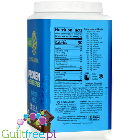Sunwarrior Protein + Greens Warrior Blend, Chocolate 0,75kg - wegańska organiczna odżywka białkowa z MCT