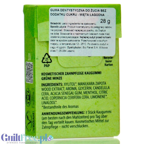 Birkengold Xylit Kaugummi, Grüneminze - sugar-free dental chewing gum with xylitol, flavor Mild Mint