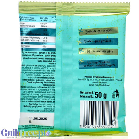 Frank & Oli Smoothie Cookie - Ananas, Mango & Kokos - wegańskie nadziewane bezglutenowe ciastko owsiane bez dodatku cukru