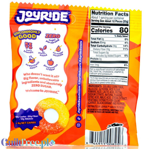Joyride Uncommon Candy, Peachy Mango Rings - keto fruit jellies, Mango & Peach Rings, 6g net carbohydrates