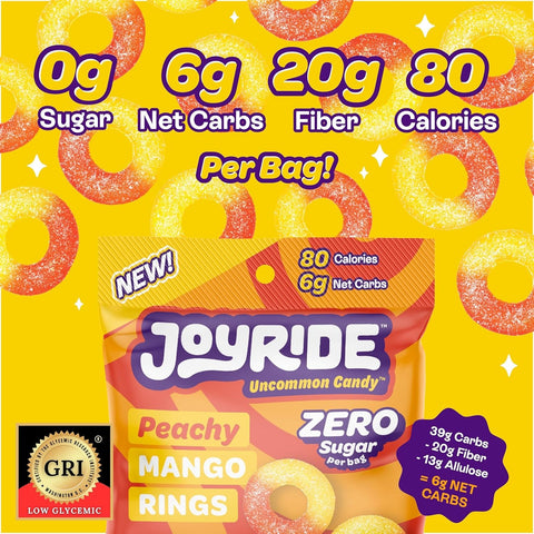 Joyride Uncommon Candy, Peachy Mango Rings - keto fruit jellies, Mango & Peach Rings, 6g net carbohydrates