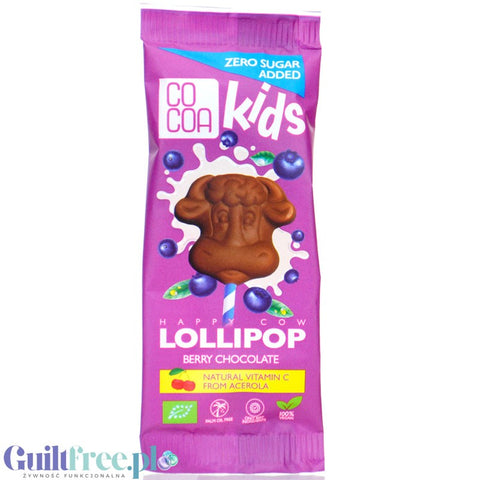 Raw Cocoa Kids Happy Cow berry chocolate lollipop with natural vitamin C from acerola, no sugar added