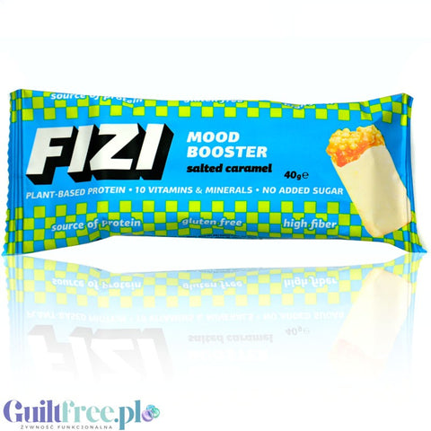 FIZI Mood Booster Salted Caramel - wegański baton proteinowy w polewie z białej czekolady bez dodatku cukru