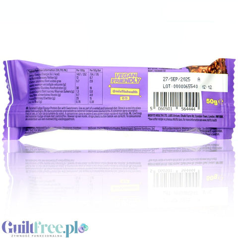 MisFits Protein Bar Caramel Fudge - wegański baton proteinowy bez cukru, Karmel, Krówka & 'Mleczna' Czekolada