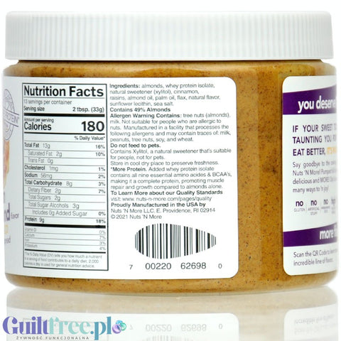 Nuts 'n More Cinnamon Raisin Almond Butter - masło migdałowe z WPI i ksylitolem, z cynamonem i rodzynkami