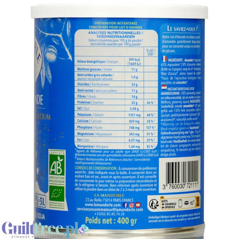 La Mandorle Lait D'Amande 400g - almond milk powder with no added sugar, to prepare 5L of drink
