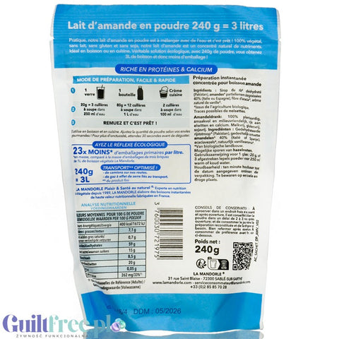 La Mandorle Lait D'Amande 240g - mleko migdałowe w proszku bez dodatku cukru, do przygotowania 3L napoju