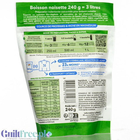La Mandorle Boisson Noisette 240g - napój z orzechów laskowych w proszku bez dodatku cukru, do przygotowania 3L napoju