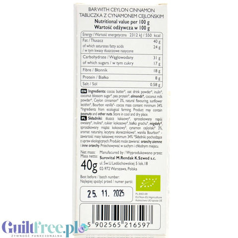 Raw Cocoa Bar with Ceylon Cinnamon - wegańska tabliczka z cynamonem cejlońskim 60% mniej cukru