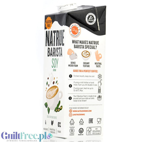 Natrue Barista Soy Drink 1L - wegański bezglutenowy napój sojowy do kawy bez cukru tylko 4 składniki