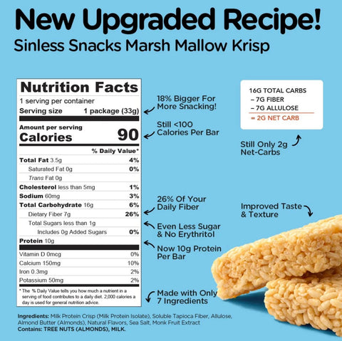 Sinless Low Carb Marshmallow Krisp Bar 90kcal - low carbohydrate crunchy marshmallow bar without sugar and maltitol
