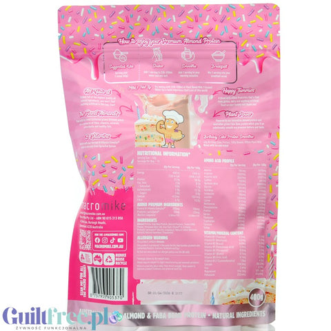 Macro Mike Almond Plant Protein, Birthday Cake - vegan almond protein supplement without gluten, milk or sucralose
