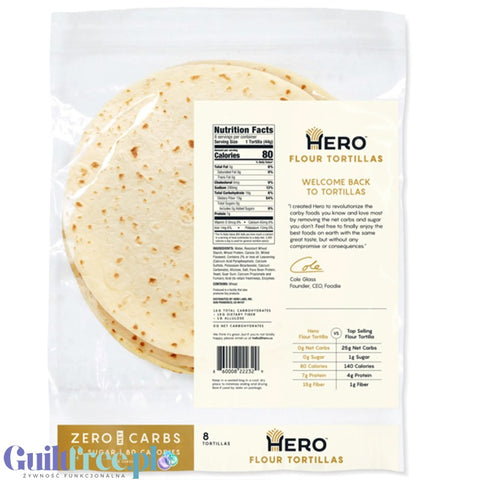 Hero Bread Tortilla Wraps - keto tortille wysokobiałkowe 80kcal, 1g węglowodanów & 7g białka